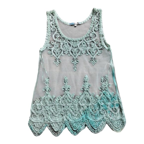 Cecico Women's Sheer Embroidered Turquoise Sleeveless Top - Picture 2 of 6